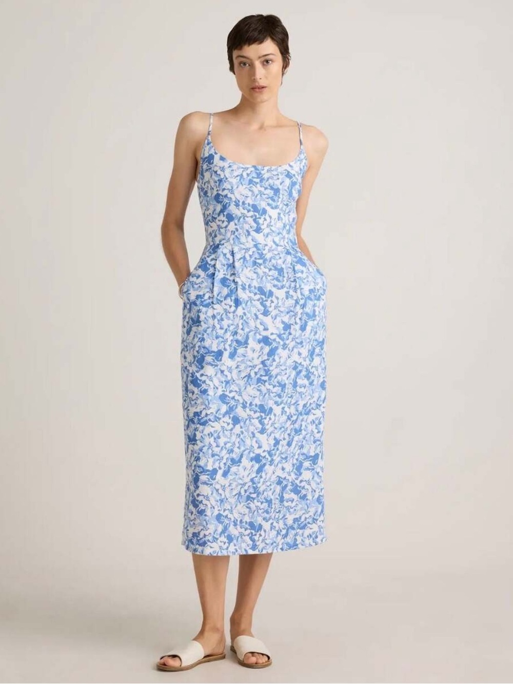 Blue Floral Spaghetti-Strap Midi Dress